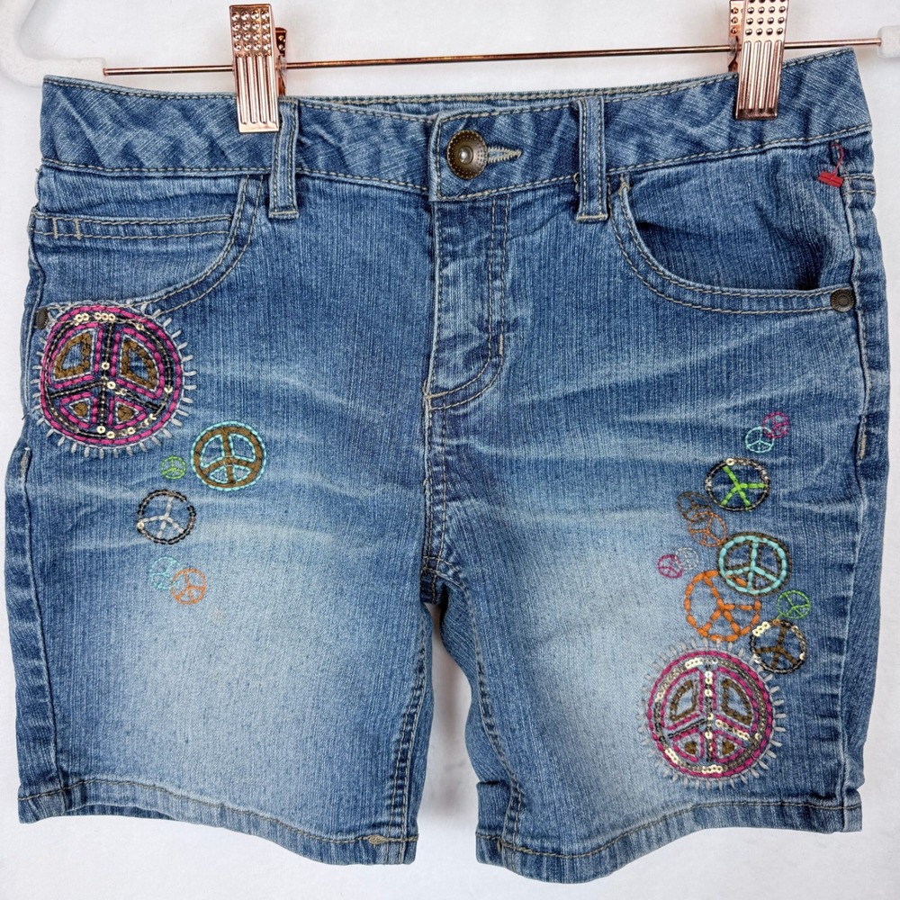 Squeeze Italia Girls 12 Blue Peace Sign Embroidered Sequin Denim Shorts Y2K